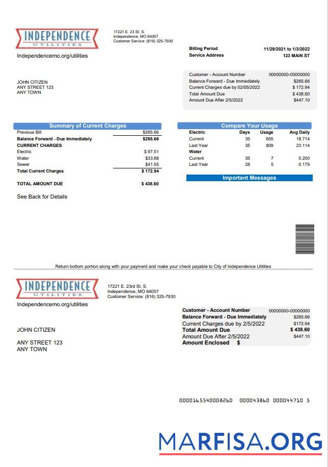 Printable USA Missouri Independence Utilities utility bill template in Word and PDF format
